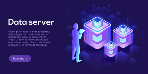 Wall Mural - Hosting server isometric vector illustration. Abstract datacenter or blockchain with man background. Network mainframe infrastructure website layout. Computer storage or farming workstation.