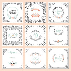 Wall Mural - ornate frames design and rustic wedding elements set. flourish card templates.