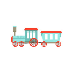 Sticker - Kids cute cartoon toy passenger train, colorful railroad toy with locomotive vector Illustration on a white background