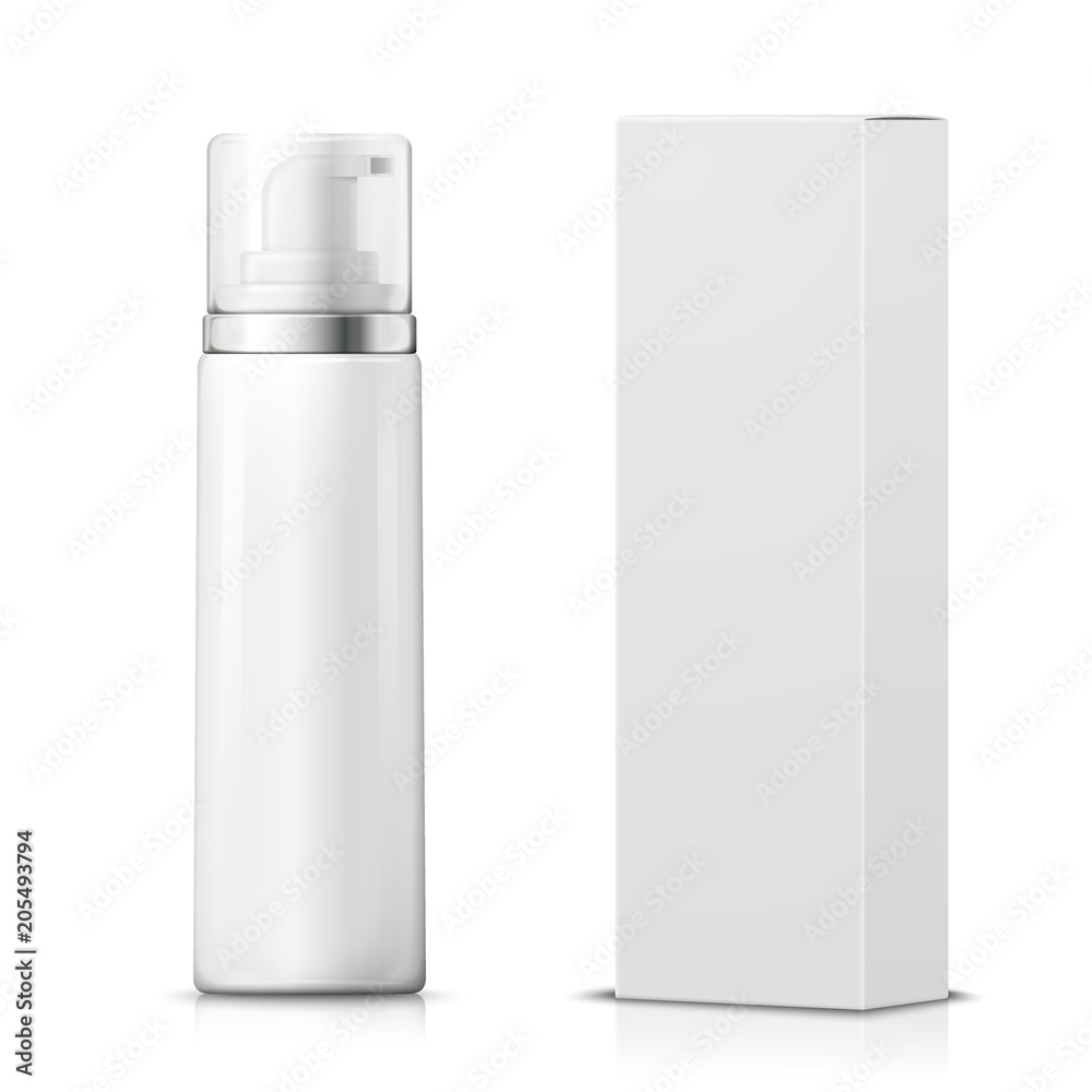 Vector set - 3d realistic foam bottle with paper package box. Mock-up ...
