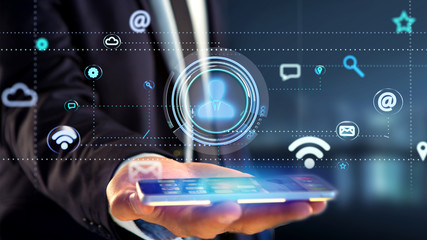 Poster - Businessman using a smartphone with a Contact icon surrounding by app and social icon - 3d render