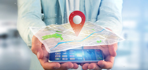 Poster - Man holding a 3d rendering pin holder on a map