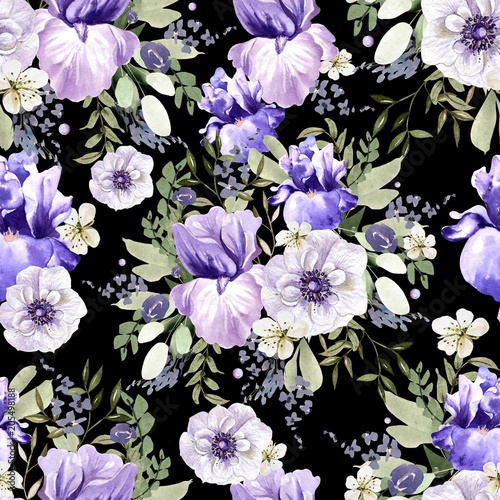 Beautiful watercolor pattern with peony, iris, anemone and roses flowers.
