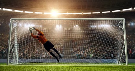 Wall Mural - Soccer goalkeeper jumps and fails to catch ball on a professional soccer stadium. Stadium and crowd is made in 3D and animated