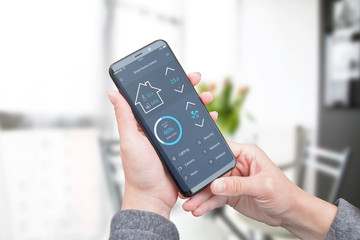 Poster - Woman use modern mobile app with modern flat design interface to control home security; lighting and air temperature.