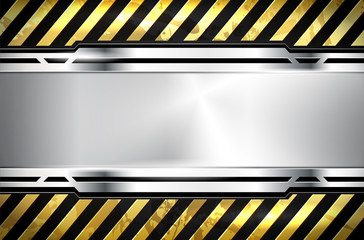 Wall Mural - Silver metal grungy frame background with yellow warning lines