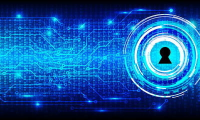 Poster - Security Circuit Board With Binary Code Vector Background. Blue Hi Tech Abstract Circle Padlock Key Center Protection Concept Illustration.