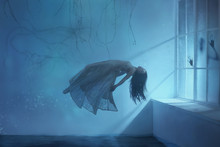A Ghost Girl With Long Hair In A Vintage Dress. Room Under Water. A Photograph Of Levitation Resembling A Dream. A Dark Gothic Interior With Branches And A Huge Window Of Flooded Light. Art Photo