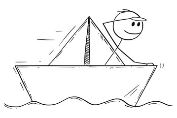 Sticker - Cartoon stick man drawing conceptual illustration of businessman sailing paper ship or boat. Business concept of risk, market fragility and vulnerability.