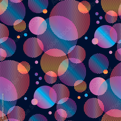 Concept circle geometric seamless pattern on black background.