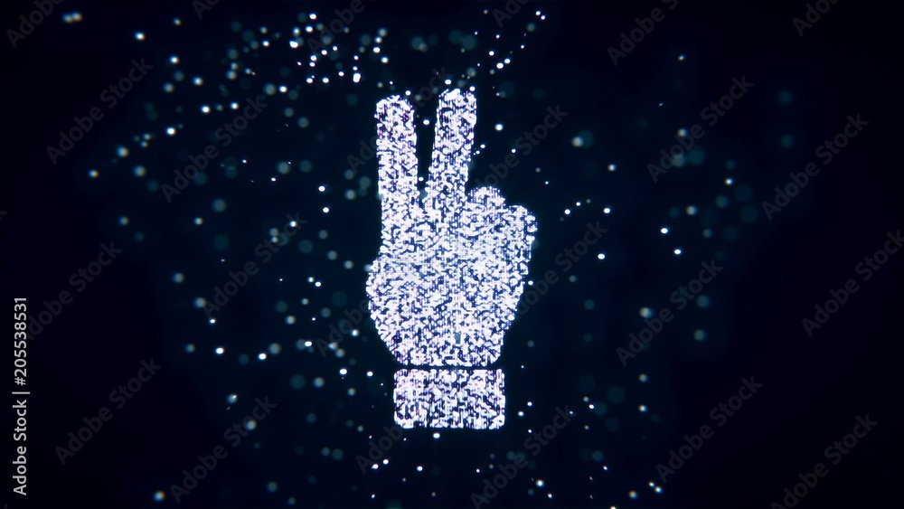 Abstract flying flickering particles turn into a hand sign. 3D ...