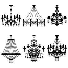 Crystal Chandelier Silhouettes Set. Vector Vintage Classic Luster Isolated On White Background.