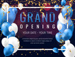 Grand opening invitation concept with blue white balloons. Celebration design. Gold glitter letters on abstract background with light effect and bokeh.