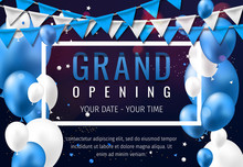 Grand Opening Invitation Concept With Blue White Balloons. Celebration Design. Gold Glitter Letters On Abstract Background With Light Effect And Bokeh.