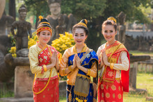 Beautiful Girl In Laos Costume,Asian Woman Wearing Traditional Laos Culture At Temple.Vintage Style.