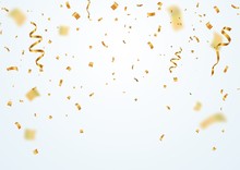 Golden Flying Blur Confetti With Motion Effect On Light White Background . Template For Holiday Vector Illustration