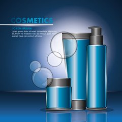 Poster - cosmetics bottle with dispenser for cream tube lotion blue blurred background vector illustration