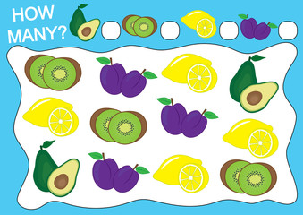 Wall Mural - Count how many fruits. Educational game for preschool children. Vector illustration.