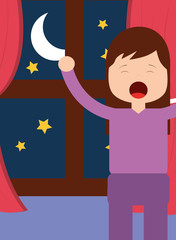 Wall Mural - young girl waking up and stertching near window night vector illustration