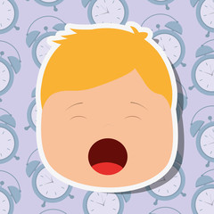 Sticker - young boy face yawning clocks background vector illustration