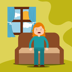 Wall Mural - young girl yawning sitting on sofa vector illustration