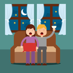 Poster - boy and girl yawning with sleep sitting on the sofa vector illustration