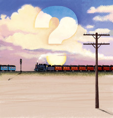 Echelon of two retro steam locomotives with wagons in the background of a sunset in the clouds. Question mark. The second echelon. Shares and bonds