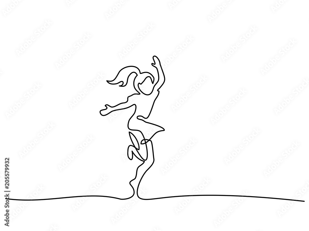 Continuous line drawing. Happy girl dancing and jumping. Vector ...