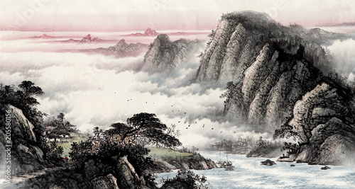 Dekoracja na wymiar  chinski-tradycyjny-obraz-kultury-malarstwa-wodnego-i-pejzazu-wodnego