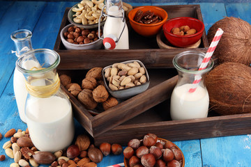 Alternative types of milks. Vegan substitute dairy milk with nuts