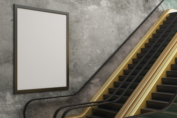 Fototapete - Golden escalator with empty billboard
