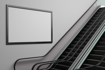 Fototapete - Silver escalator with empty billboard