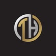 Initial letter TH, looping line, circle shape logo, silver gold color on black background