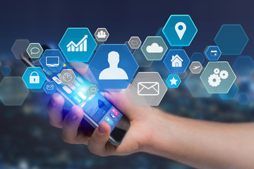 Poster - Business network application displayed on a futuristic interface