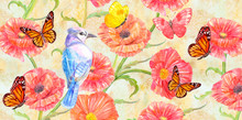 Vintage Banner With Poppies And Cute Bird. Watercolor Painting