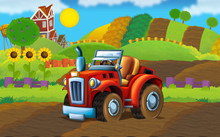 Cartoon Farm Scene With Tractor - Illustration For Children