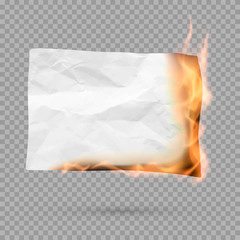 Burning piece of paper with copy space. crumpled paper blank. Vector illustration isolated on transparent background