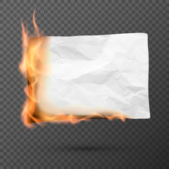 Burning piece of crumpled paper. crumpled empty paper blank. Creased paper texture in fire. Vector illustration isolated on transparent background