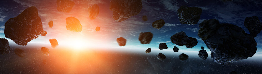 Wall Mural - panoramic view of planet earth with asteroids flying close 3d rendering elements of this image furni