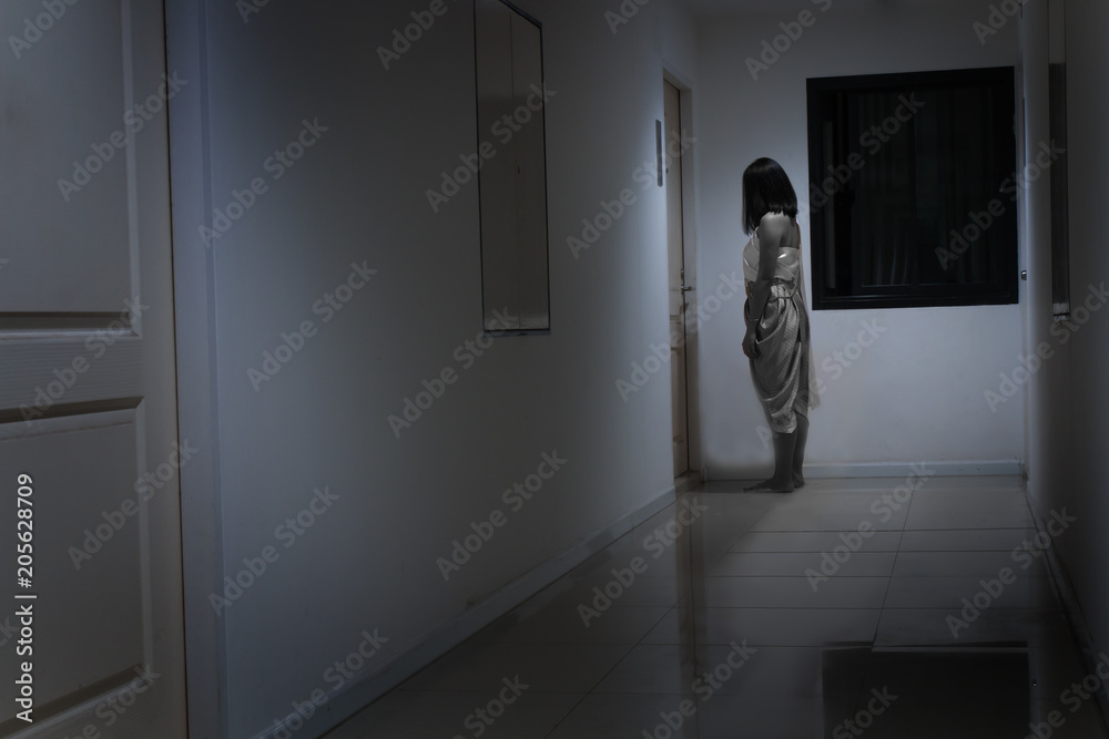 Horror woman wearing Thai traditional costume, standing in front of the door, Thai ghost concept - obrazy, fototapety, plakaty 