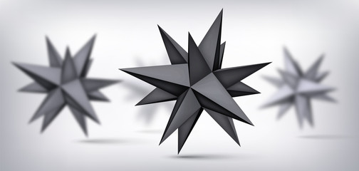 Poster - Volume polyhedron black stars, 3d blurred objects, geometry shapes, mesh version, dark origami crystals, abstract vector element