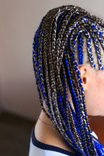 Thin Pigtails Are Gathered In The Tail, Blue Hair, African Style Close-up, Ethnic Hairstyle Background, Youth Hairstyle, Braided In Tight Braids
