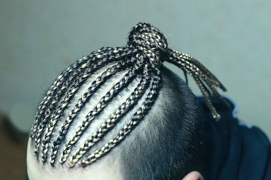 man's hair from thin plaits on the head of a man close-up on a white background, background for an inscription