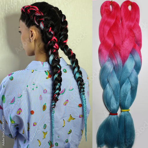 Girl With Two Braids Blue And Pink Amber Fashionable Youth
