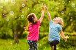 © Angelov - Two Little girl fun with soap bubbles in summer park, green fields, nature background, spring season