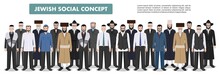 Family And Social Concept. Group Adults Old Jewish Men Standing Together In Different Traditional Clothes In Flat Style. Old Israel People. Differences Israelis In The National Dress. Vector.