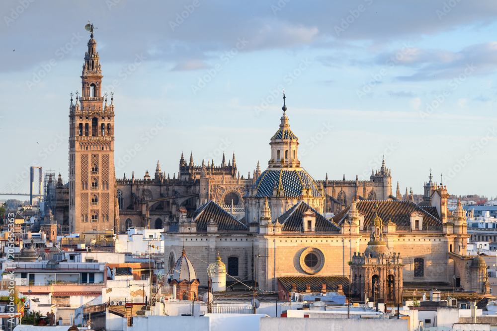 panoramic views of seville old town with giralda tower bell at background - obrazy, fototapety, plakaty 