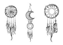 Set Of Hand Drawn Dream Catchers. Ornate Ethnic Items, Feathers And Beads. Monochrome Vector Illustration.