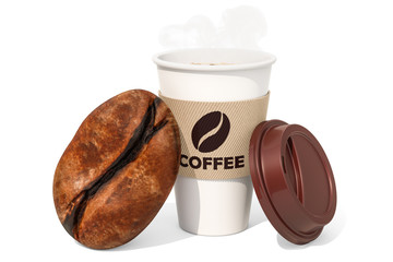 Poster - disposable cup of coffee with coffee beans, 3d rendering
