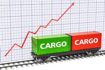 Poster - growth of freight traffic concept. freight train with cargo containers with growing chart. 3d render